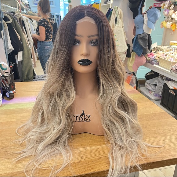 Human hair blend lace front ash blonde with dark roots wavy wig. main image 7